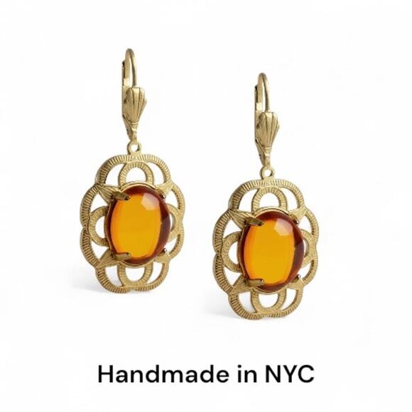 Alzi by Alzerina 24K Gold Magnolia Earrings Topaz Austrian Crystal Handmade NYC - Picture 2 of 7